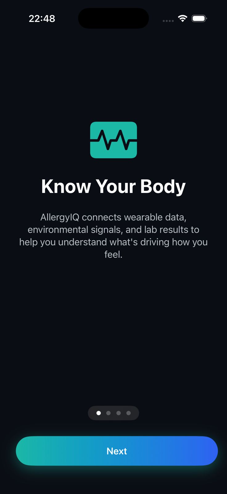 AllergyIQ onboarding screen on iPhone introducing how the app connects wearable data, environmental signals, and lab results to explain how you feel.